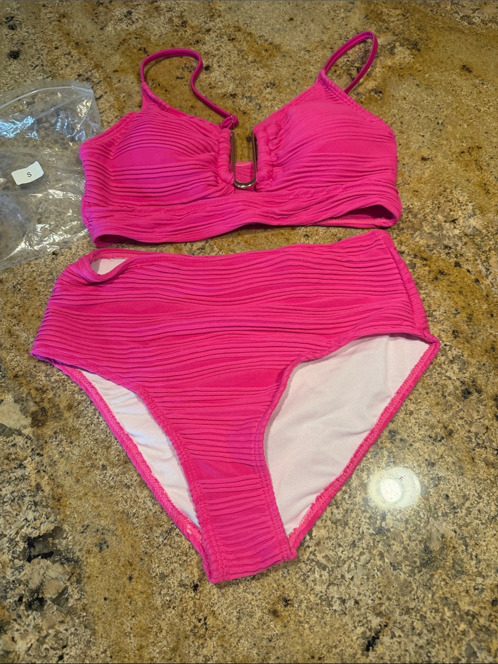 Textured High-Waist Hot Pink Bikini Set